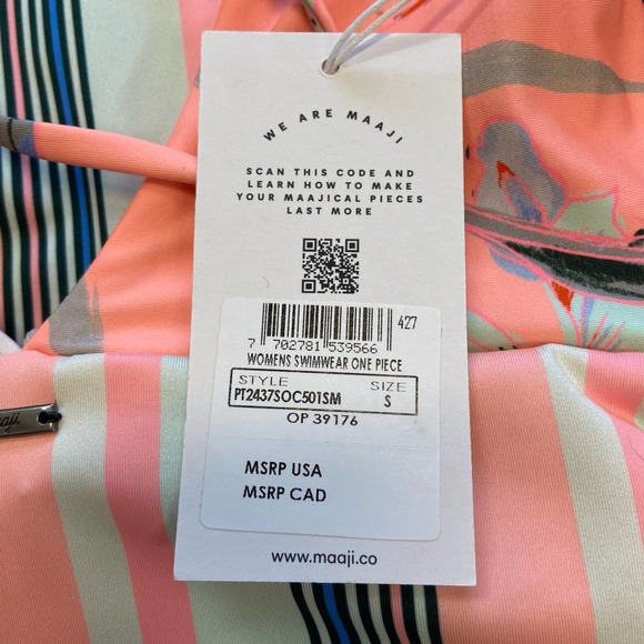 Maaji Long Sleeve One Piece Swimsuit Reversible Stripes and Floral Coral Pink - Picture 8 of 9